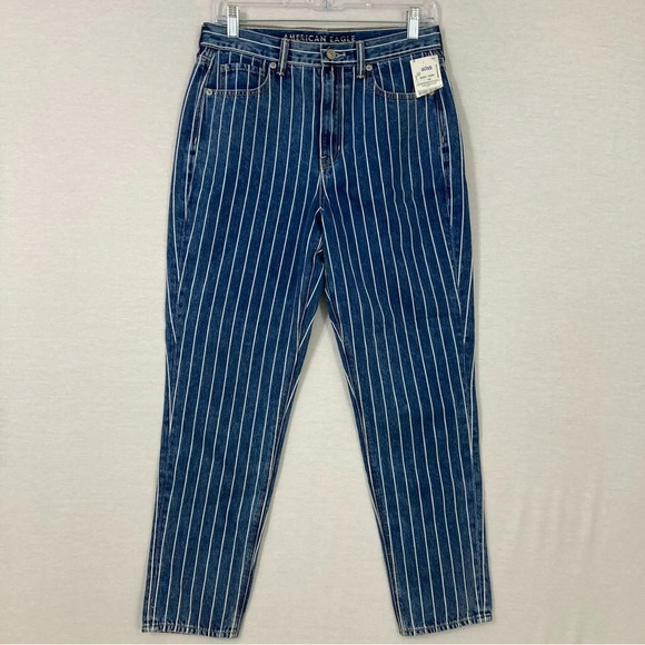 New American Eagle Blue Striped High Rise Mom Jeans size 6 - Picture 1 of 10